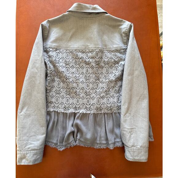 Kate & Mallory Lace Ruffle Cropped Denim Jacket Blue Gray Boho Size Large - Picture 6 of 7